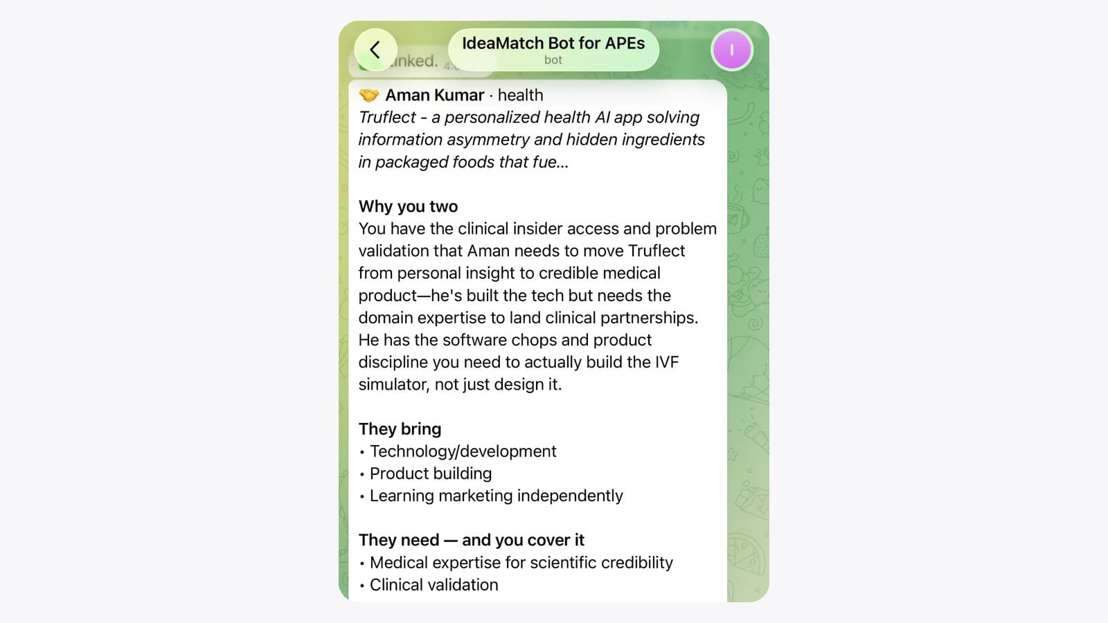 A match delivered by the IdeaMatch bot inside the APEs Telegram group